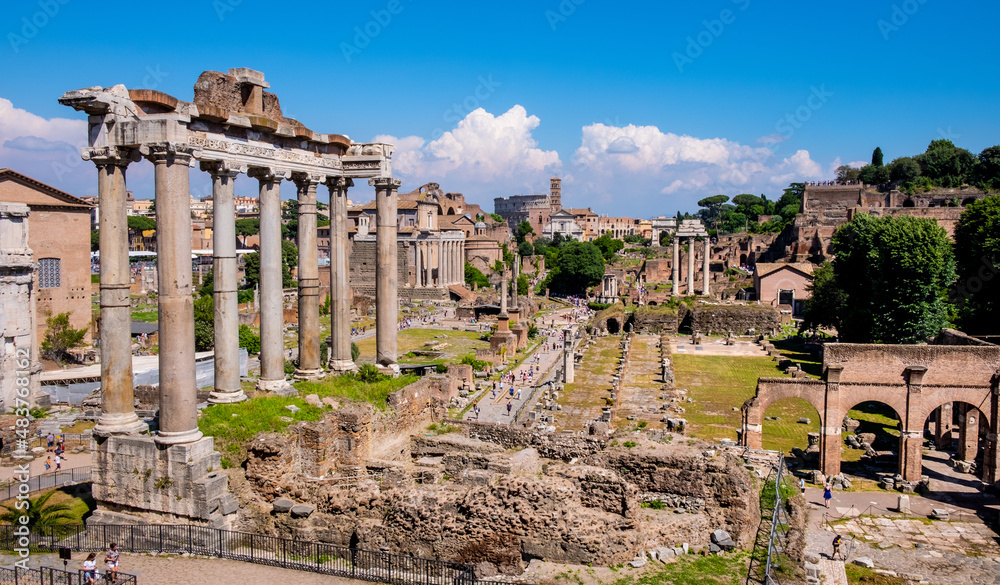 Naklejka premium Panorama of Roman Forum Romanum with Temple of Saturn Aedes Saturni and ancient Via Sacra at in historic center of Rome in Italy