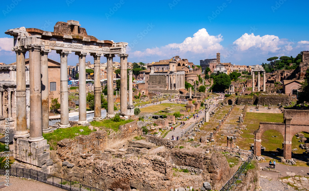 Panorama of Roman Forum Romanum with Temple of Saturn Aedes Saturni and ancient Via Sacra at in historic center of Rome in Italy