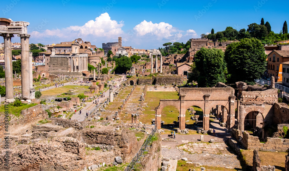 Panorama of Roman Forum Romanum with Temple of Saturn Aedes Saturni and ancient Via Sacra at in historic center of Rome in Italy