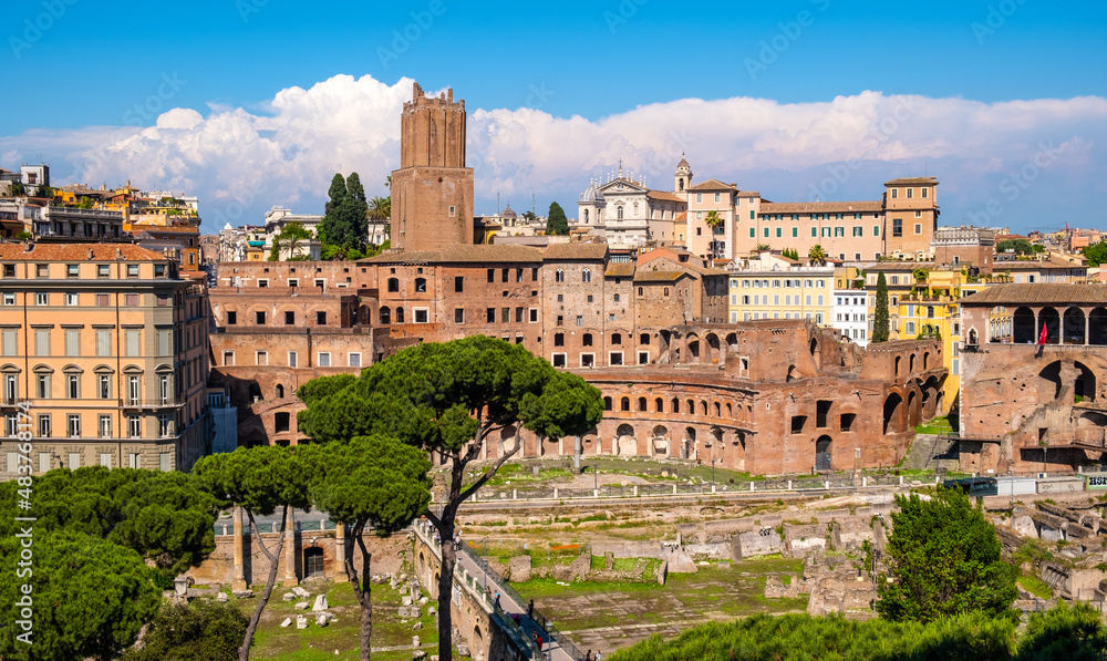 Panorama of Roman Forum Romanum with Forum of Caesar and Trajan's Market in historic center of Rome in Italy