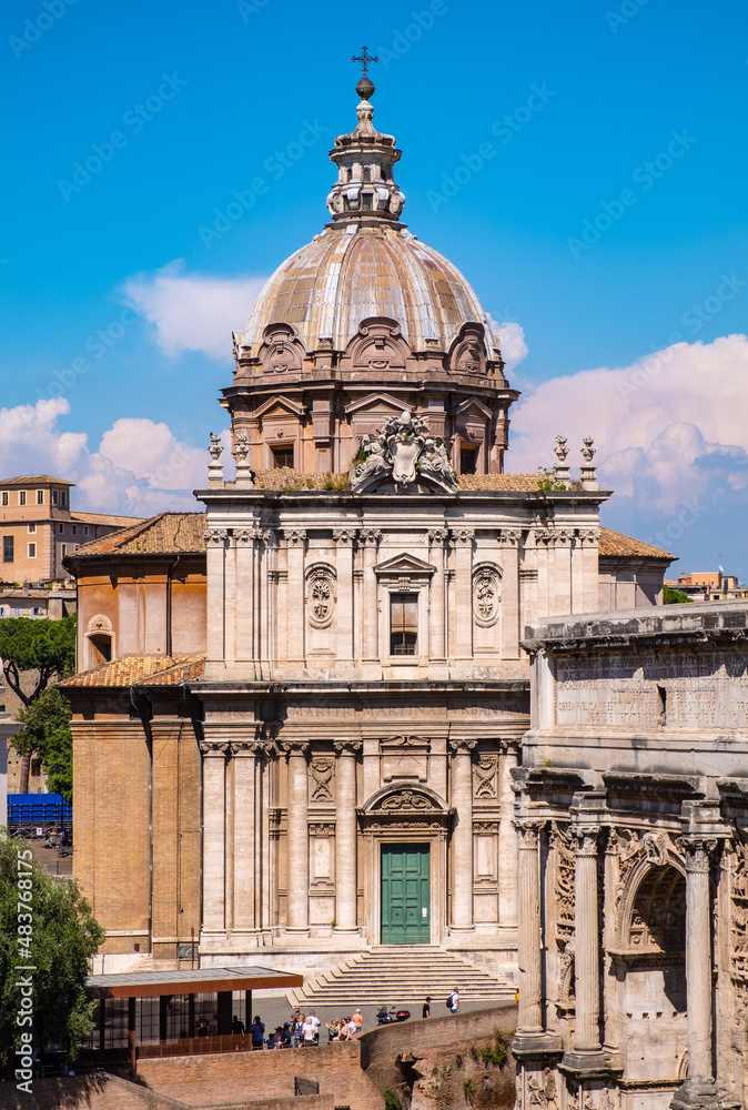 Santi Luca and Martina church with Septimius Severus Arch at Roman Forum Romanum in historic center of Rome in Italy