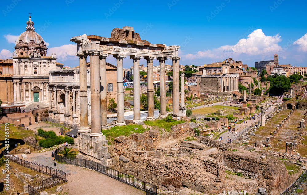 Santi Luca and Martina church with temple of Saturn and Septimius Severus Arch at Roman Forum Romanum in historic center of Rome in Italy