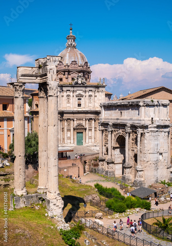 Santi Luca and Martina church with temple of Vespasian and Titus and Septimius Severus Arch at Roman Forum Romanum in historic center of Rome in Italy