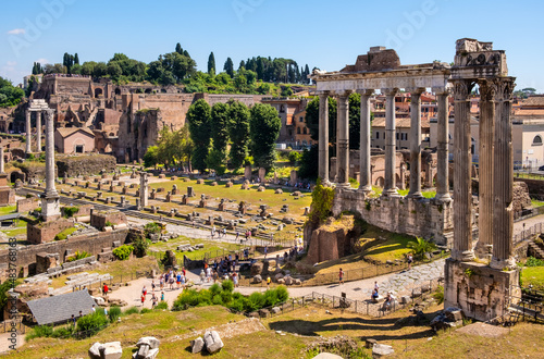 Panorama of Roman Forum Romanum with Temple of Saturn Aedes Saturni and ancient Via Sacra at in historic center of Rome in Italy photo