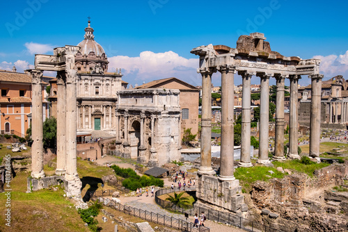 Santi Luca and Martina church with temple of Saturn, Vespasian and Titus and Septimius Severus Arch at Roman Forum Romanum in historic center of Rome in Italy