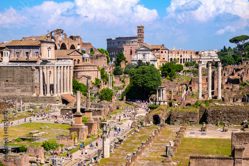 Принти на полотні Panorama of Roman Forum Romanum with Temple of Antoninus and Faustina San Lorenz