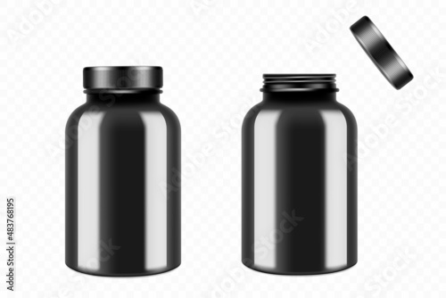 Opened and closed black plastic medical pill bottles, 3d realistic vector illustration. Mock Up Template set of medicine package for pills, capsule, drugs, isolated on white background
