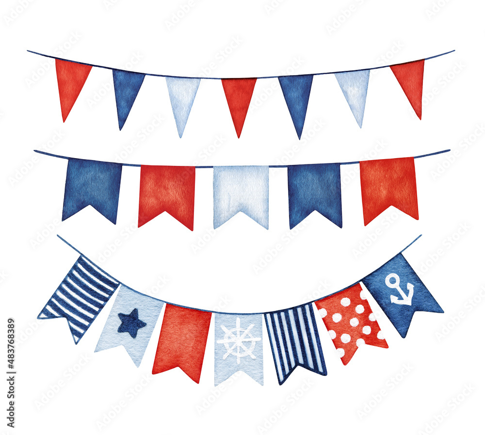 Obraz premium Watercolor Festive Bunting Garland set. Ribbon Flags, triangular Pennant Banner. Nautical collection of Holiday Party Decoration clipart. Hand drawn background, design elements isolated