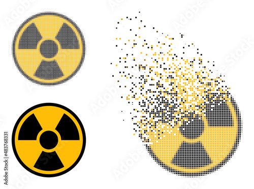Fractured dotted radioactive vector icon with destruction effect, and original vector image. Pixel destruction effect for radioactive shows speed and motion of cyberspace abstractions.
