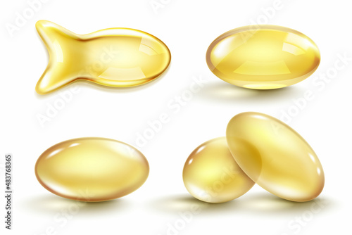 Golden oil capsule set. Realistic shiny medicine pills with gold yellow fish oil or omega 3 vitamin supplement isolated on transparent background. 3d vector illustration
