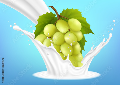 Green grape branch in a milk splash on a blue background. Realistic 3d Vector illustration. Design element. Packaging.