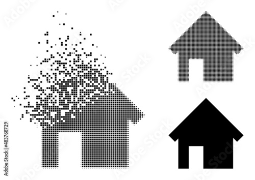 Dispersed dot house vector icon with destruction effect, and original vector image. Pixel explosion effect for house demonstrates speed and movement of cyberspace items.