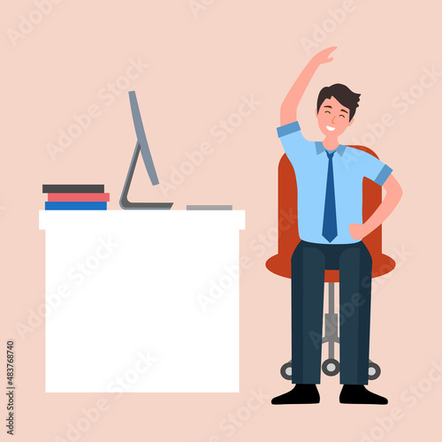 Businessman doing exercise in office concept vector illustration. Office syndrome prevention. Stretching exercise.