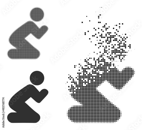 Dispersed dot praying man vector icon with wind effect, and original vector image. Pixel dispersing effect for praying man demonstrates speed and motion of cyberspace objects.