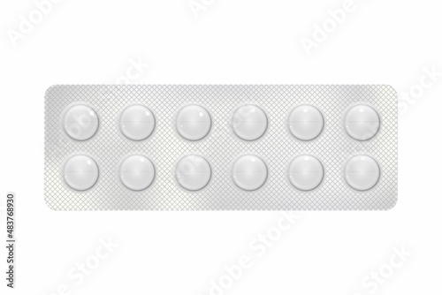 Round Pills in a blister pack for illness and pain treatment. Medical drug package for tablet: vitamin, antibiotic, aspirin. Realistic mock-up of packaging. 3d Vector illustration isolated on white