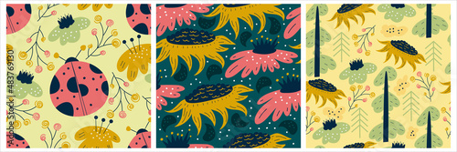 Scandinavian set of spring patterns with sunflowers, ladybugs and tree. Seamless pattern with insects and flower. Vector illustration design. Summer floral scandinavian nursery print design