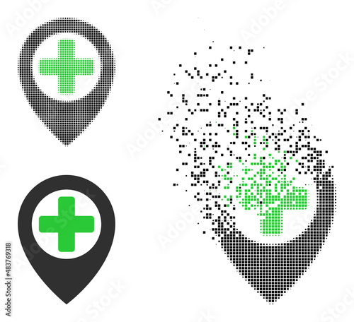 Dispersed dot hospital map pointer vector icon with wind effect, and original vector image. Pixel transformation effect for hospital map pointer shows speed and movement of cyberspace matter.