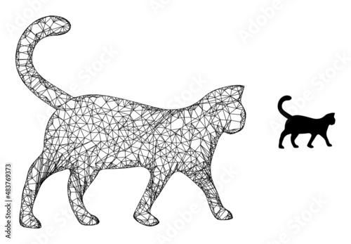 Vector net cat icon. Wire frame flat net geometric image based on cat icon, is created from crossing lines.