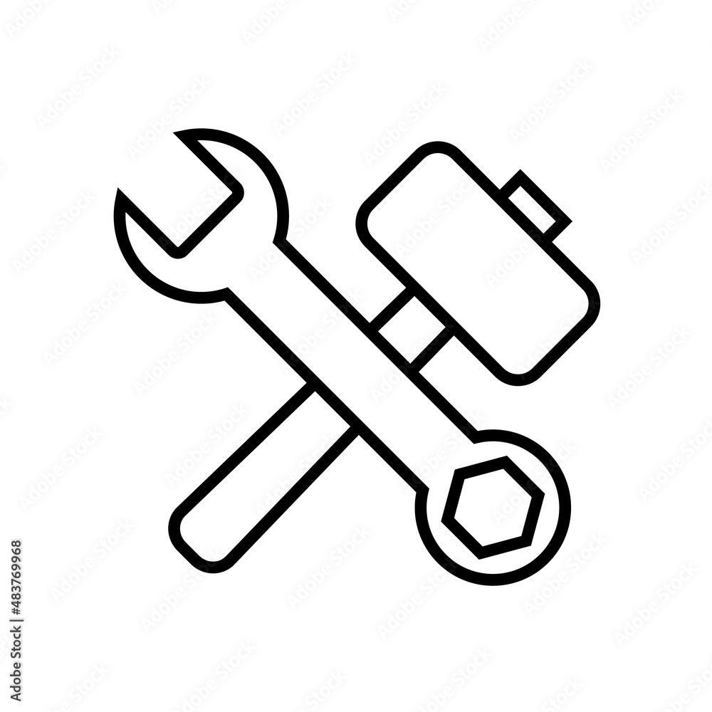 Hammer and wrench line icon, repair vector outline logo isolated on white background Hammer and wrench line icon, repair vector outline logo isolated on white background