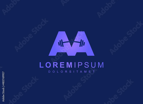 Initial Letter A A Logo. Purple Letter with Negative Space Barbell Icon inside isolated on Blue Background. Usable for fitness, Sport and Business Logos. Flat Vector Logo Design Template Element.