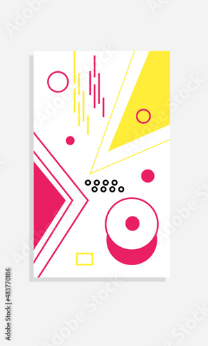 The bright colorful Memphis trend of geometric patterns sets juxtaposed with squiggles, erratic images. Composition of design background elements. Magazines, leaflets, billboards.