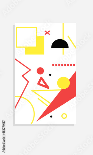 The bright colorful Memphis trend of geometric patterns sets juxtaposed with squiggles, erratic images. Composition of design background elements. Magazines, leaflets, billboards.