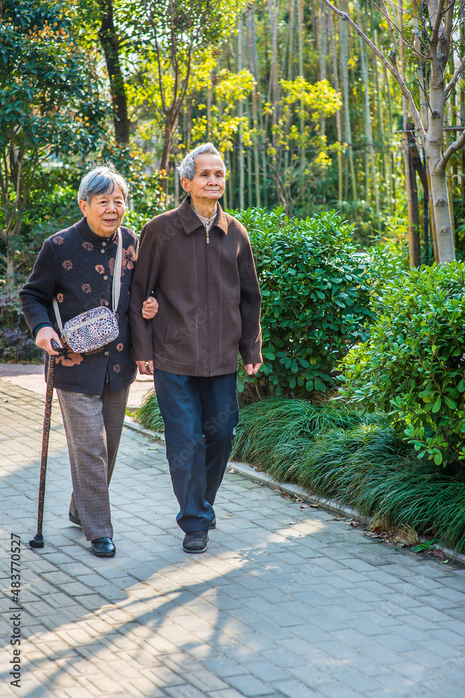 Senior Man and Woman Walking Outside. A senior couple, 80 years old, helping each other, is walking outside, woman holding a walking stick..