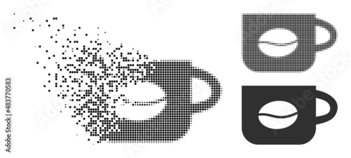 Dispersed dot coffee cup vector icon with destruction effect, and original vector image. Pixel destruction effect for coffee cup demonstrates speed and movement of cyberspace abstractions.