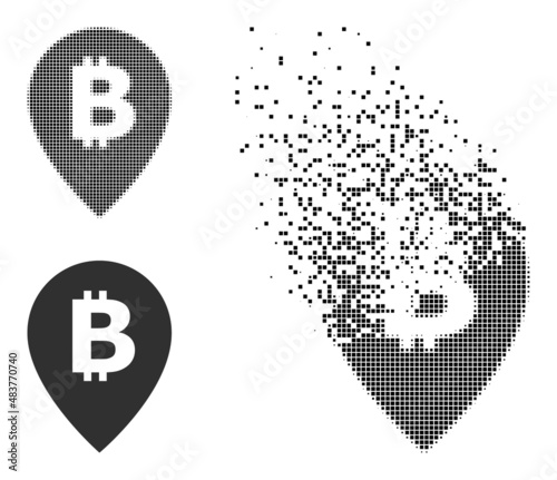 Dispersed dotted bitcoin map pointer vector icon with destruction effect, and original vector image. Pixel fragmentation effect for bitcoin map pointer shows speed and motion of cyberspace items.