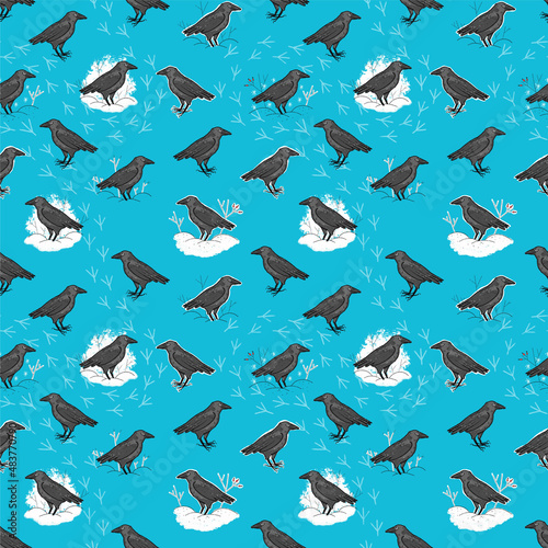 Seamless Pattern with cute crows in winter.