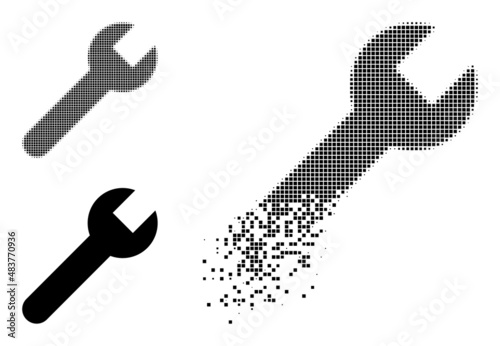 Fractured pixelated wrench vector icon with wind effect, and original vector image. Pixel disappearing effect for wrench demonstrates speed and motion of cyberspace objects.