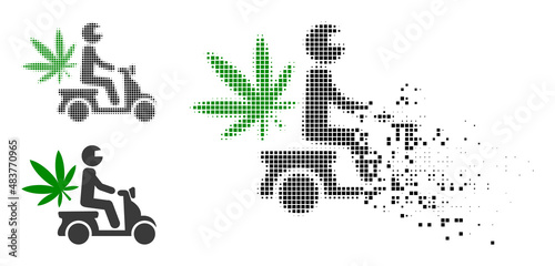 Dispersed dotted marijuana motorbike delivery vector icon with wind effect, and original vector image.