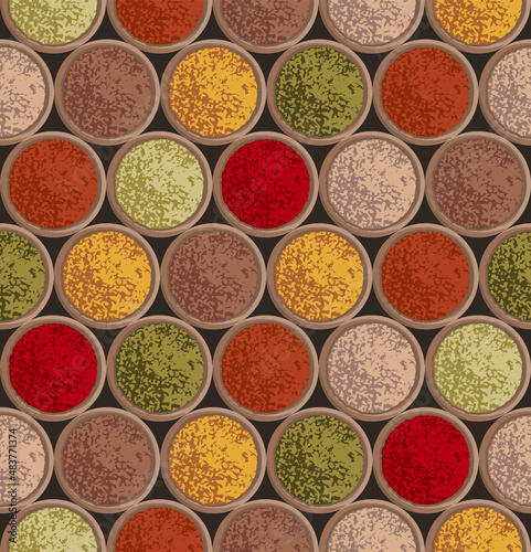 Spices powders in wooden bowls top view. Seamless texture with spices in abstract style on dark background. Food illustration. 