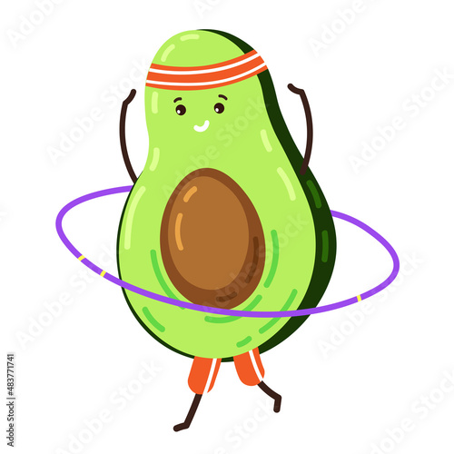 Funny cartoon avocado spins a hula hoop around him