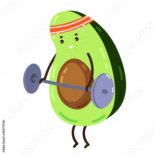 Funny sports cartoon avocado lifts the barbell