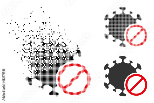 Dispersed dot forbidden virus vector icon with destruction effect, and original vector image. Pixel degradation effect for forbidden virus demonstrates speed and motion of cyberspace abstractions.
