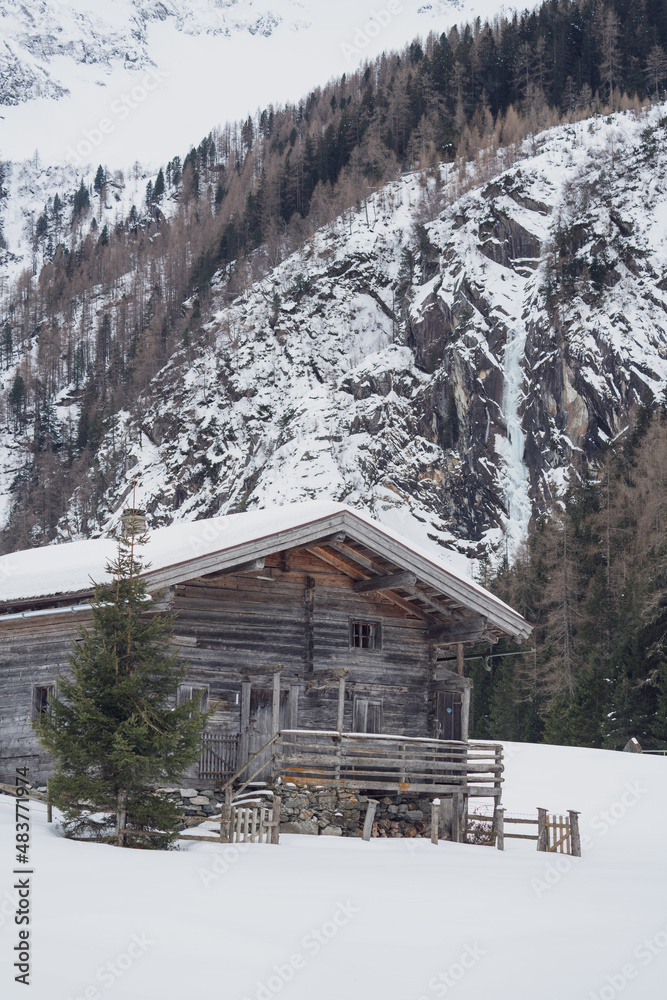 a traditional wood cabin at a farmland in the mountains in the snow capped hohe tauern national park at a winter day
