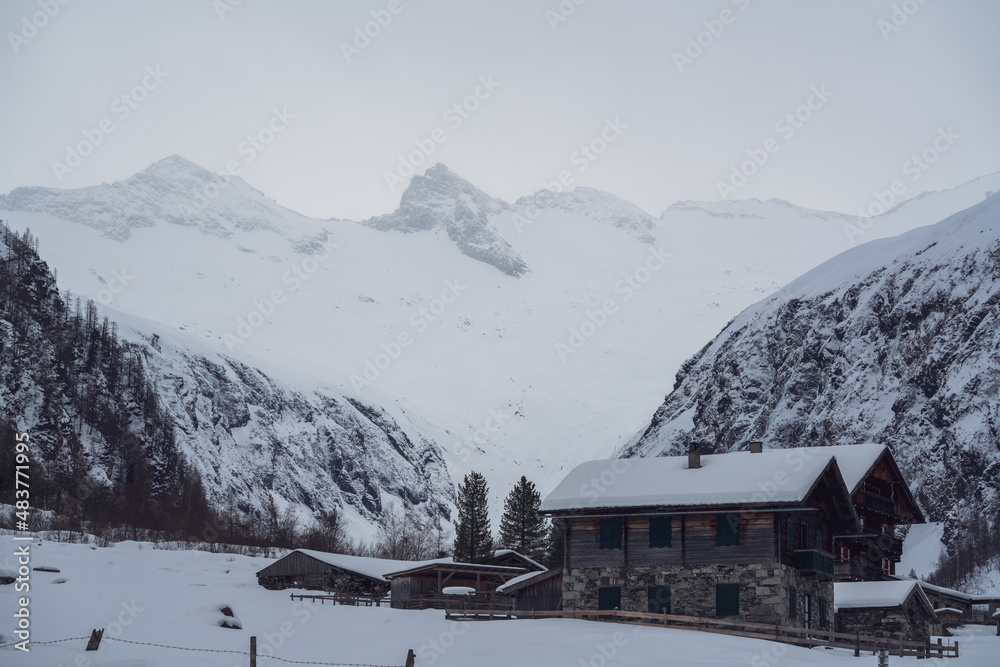 hikers-shelter in the alps in the hohe tauern national park at a windy winter day