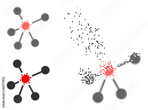 Dissolved dotted virus network vector icon with destruction effect, and original vector image. Pixel destruction effect for virus network demonstrates speed and motion of cyberspace objects.