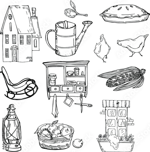 vector illustration farmhouse,household,farmhouse furnishings,animals,food,crops,black liner,outline,for design