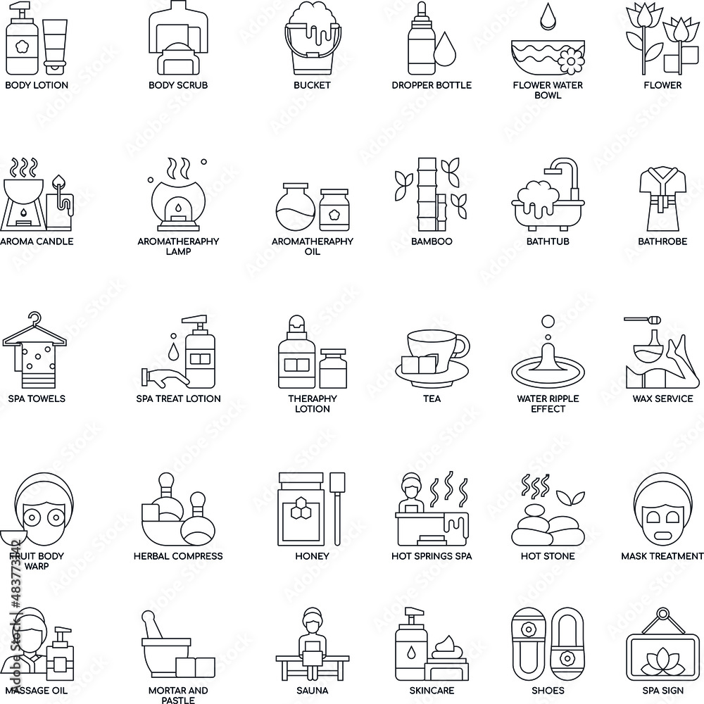 Spa Elements outline flat vector icon collection set