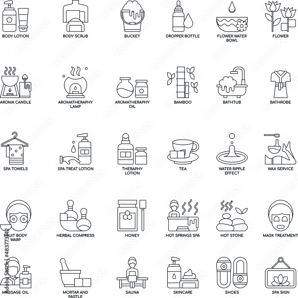Spa Elements outline flat vector icon collection set Spa Elements outline flat vector icon collection set