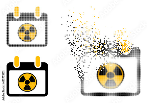 Dispersed dotted atomic calendar page vector icon with destruction effect, and original vector image. Pixel fragmentation effect for atomic calendar page shows speed and motion of cyberspace concepts.