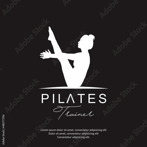 Sitting Pose Pilates Woman Silhouette, Girl with Beauty Body Hair and Face at gym logo design