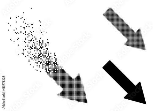 Dissolved dotted right down arrow vector icon with wind effect, and original vector image. Pixel dissolving effect for right down arrow shows speed and motion of cyberspace items.