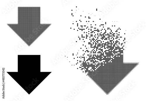 Dispersed dotted download arrow vector icon with destruction effect, and original vector image. Pixel destruction effect for download arrow shows speed and movement of cyberspace abstractions.