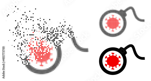 Fractured dot virus bomb vector icon with wind effect, and original vector image. Pixel dissipating effect for virus bomb demonstrates speed and movement of cyberspace concepts.