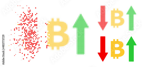 Dispersed dot bitcoin volatility vector icon with destruction effect, and original vector image. Pixel explosion effect for bitcoin volatility shows speed and movement of cyberspace items.
