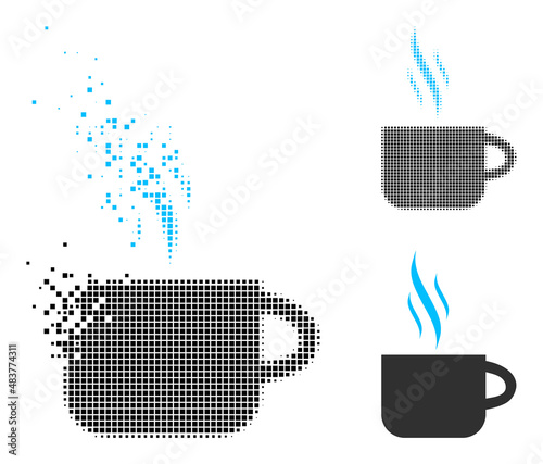 Dispersed pixelated hot tea cup vector icon with destruction effect, and original vector image. Pixel mist effect for hot tea cup shows speed and motion of cyberspace things.