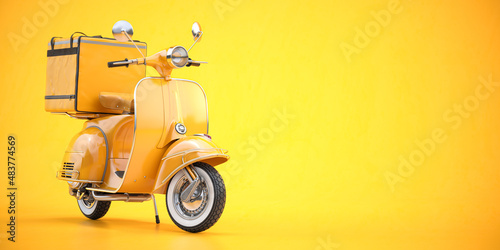 Scooter express delivery service. Yellow motor bike with delivery bag  on yellow background.